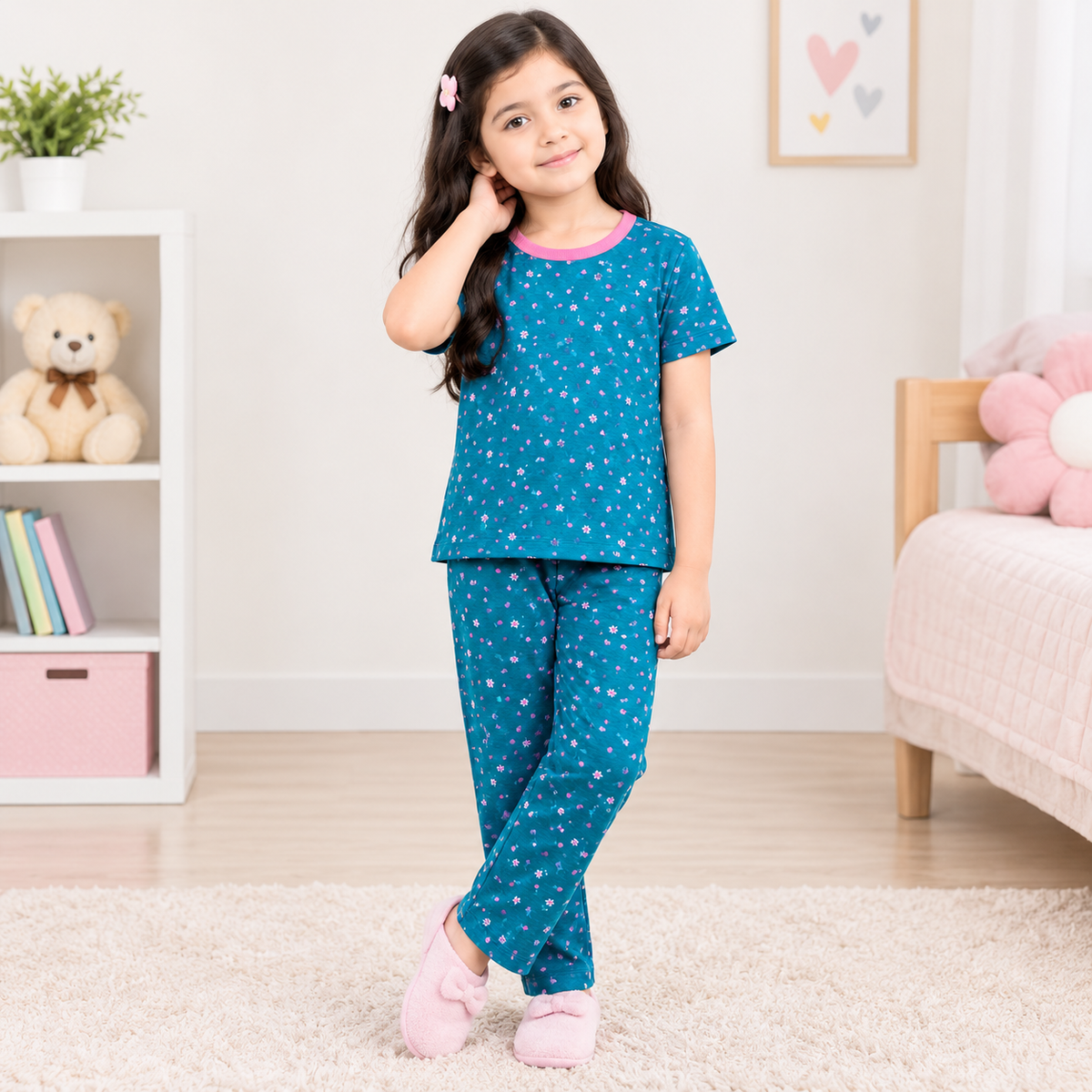 Aqua Bloom Girls Cotton Jersey Night Suit | Junior Threads