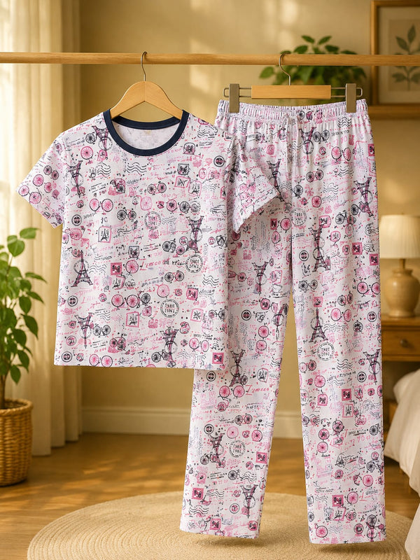 Junior Threads Paris Print White Cotton Jersey Ladies Night Suit – Soft & Breathable All-Season Sleepwear