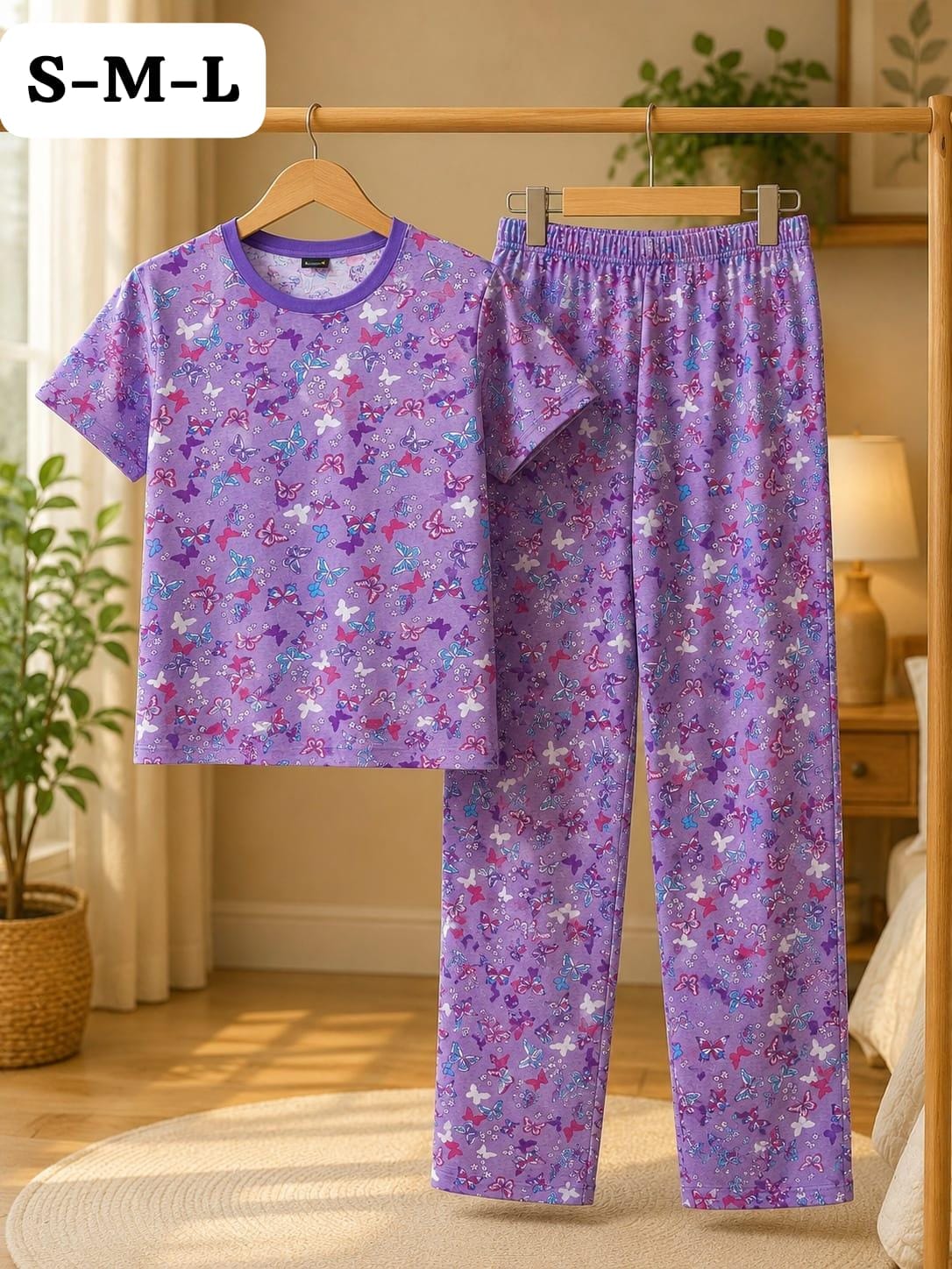 Junior Threads Purple Butterfly Print Cotton Jersey Ladies Night Suit – Soft & Breathable All-Season Sleepwear Set