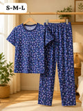 Junior Threads Navy Blue Floral Print Cotton Jersey Ladies Night Suit – Soft & Breathable All-Season Sleepwear Set