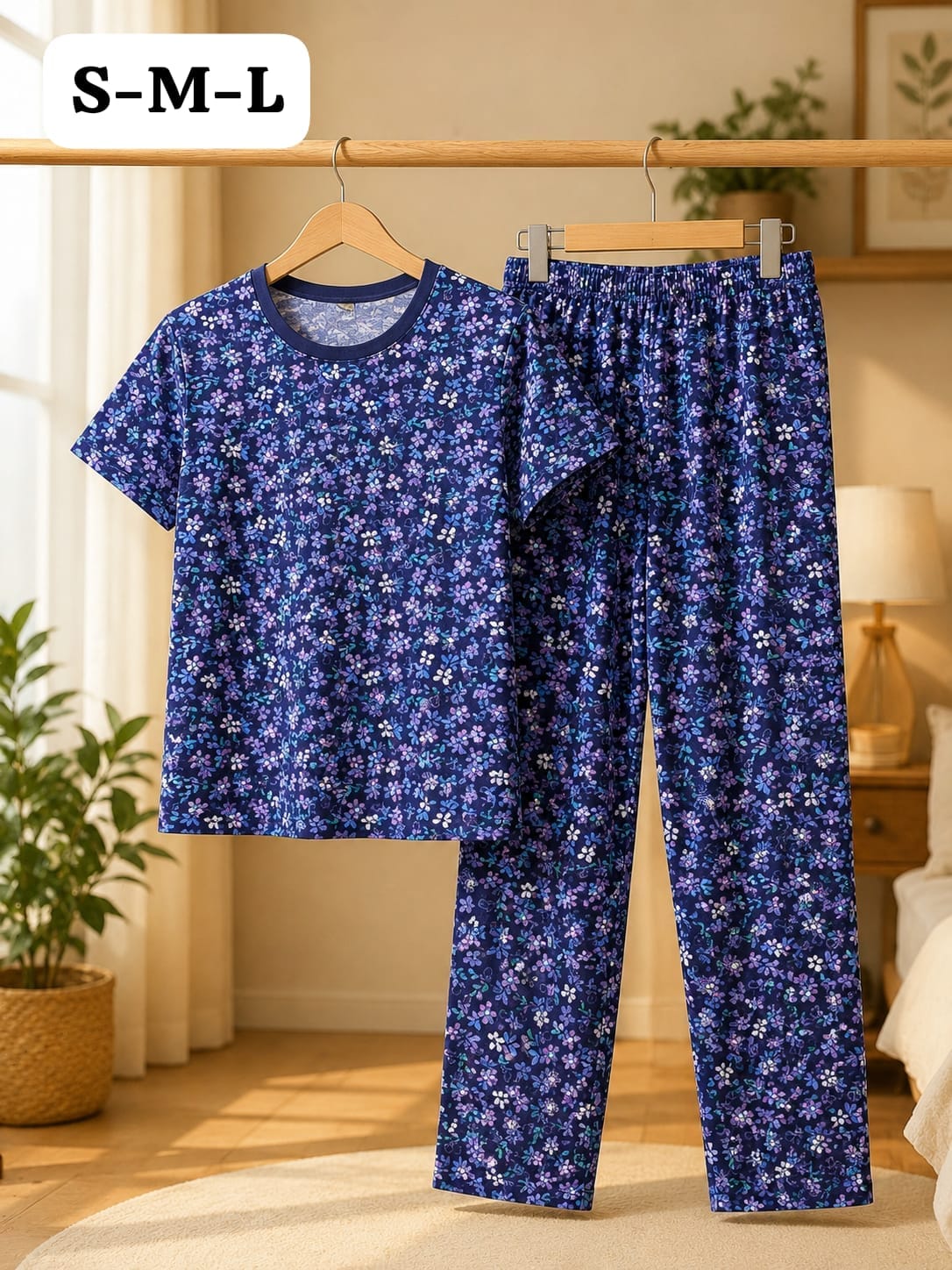 Junior Threads Navy Blue Floral Print Cotton Jersey Ladies Night Suit – Soft & Breathable All-Season Sleepwear Set