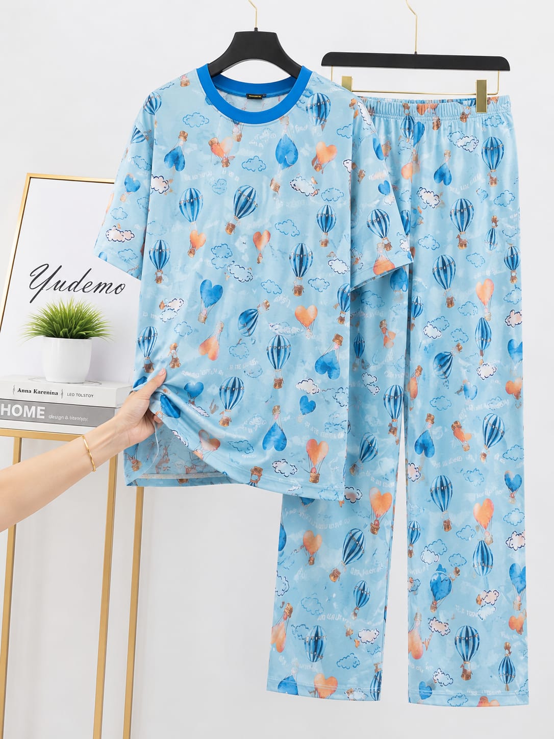 Junior Threads Sky Blue Hot Air Balloon Print Cotton Jersey Ladies Night Suit – Soft & Breathable All-Season Sleepwear Set