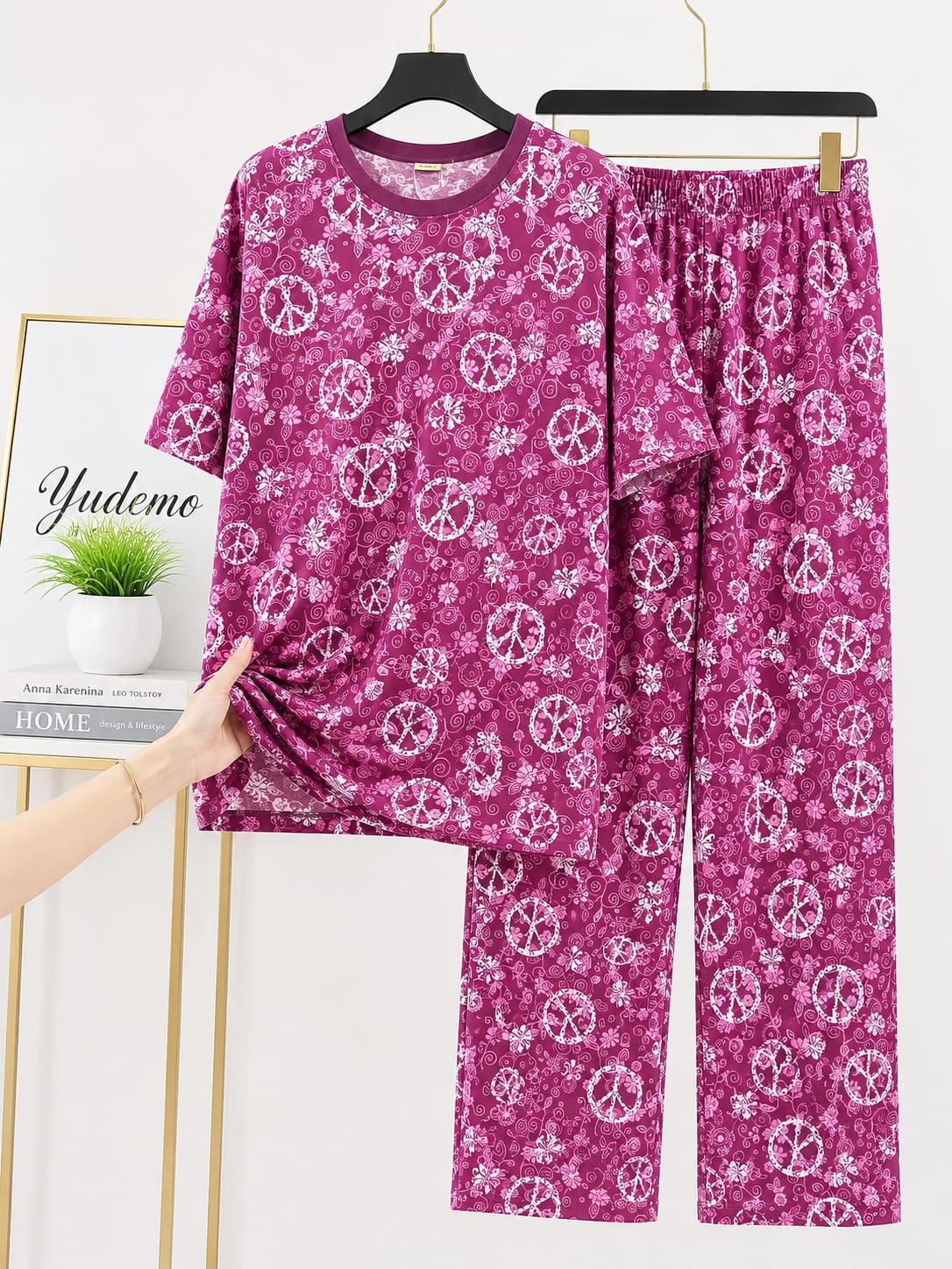 Junior Threads Berry Pink Peace Print Cotton Jersey Ladies Night Suit – Soft & Breathable All-Season Sleepwear Set