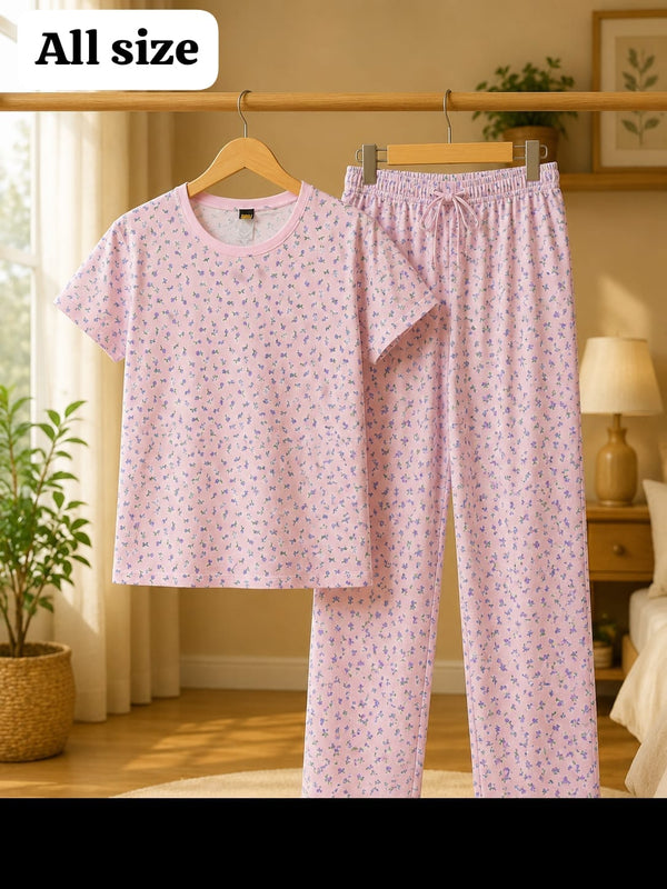 Junior Threads Pink Floral Cotton Jersey Ladies Night Suit – Soft & Breathable All-Season Sleepwear