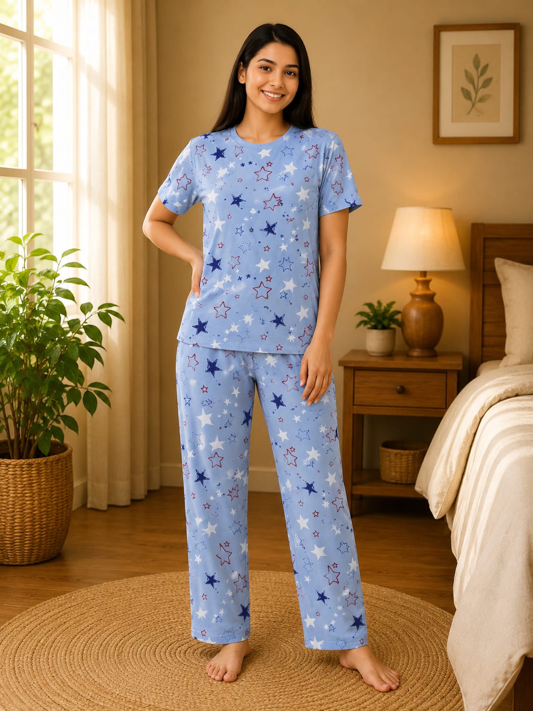 Junior Threads Sky Blue Star Print Cotton Jersey Ladies Night Suit – Soft & Breathable All-Season Sleepwear