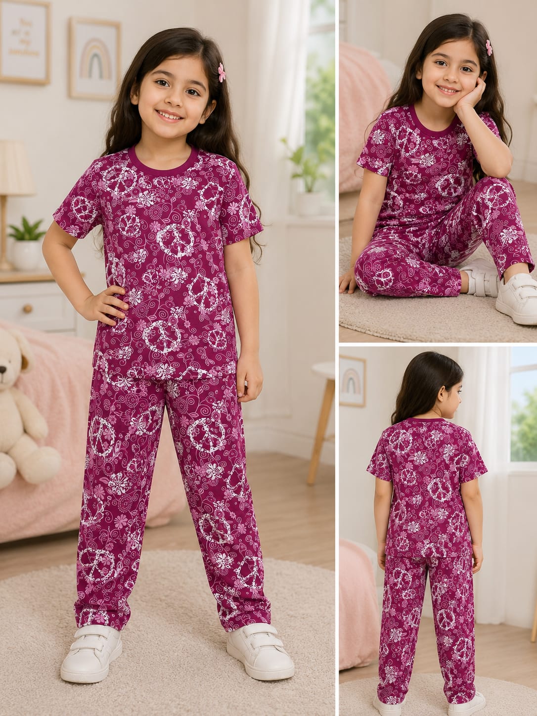 Junior Threads Kids Cotton Jersey Summer Night Suit – Soft & Breathable 2 Piece Pajama Set for Girls (Purple Print
